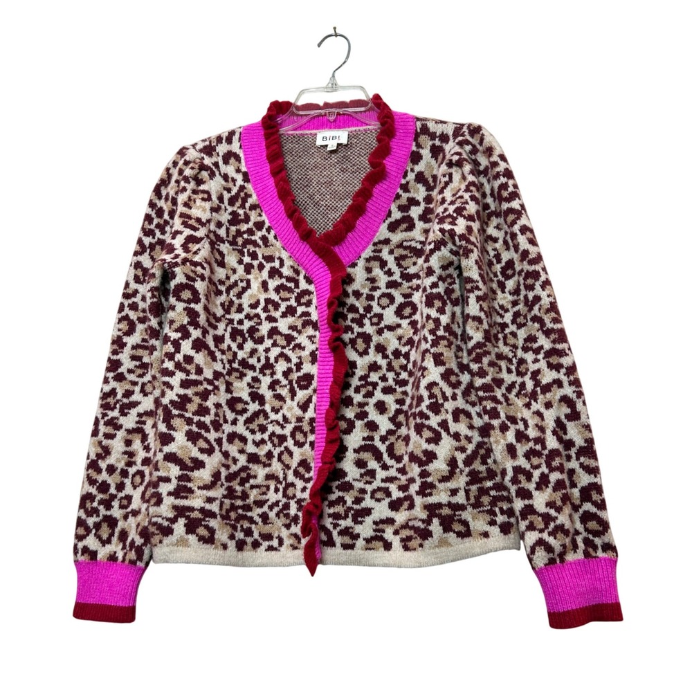 BiBi Sweater Women Small Pink Leopard Print Ruffle V-Neck Soft Girl Cozy Glam